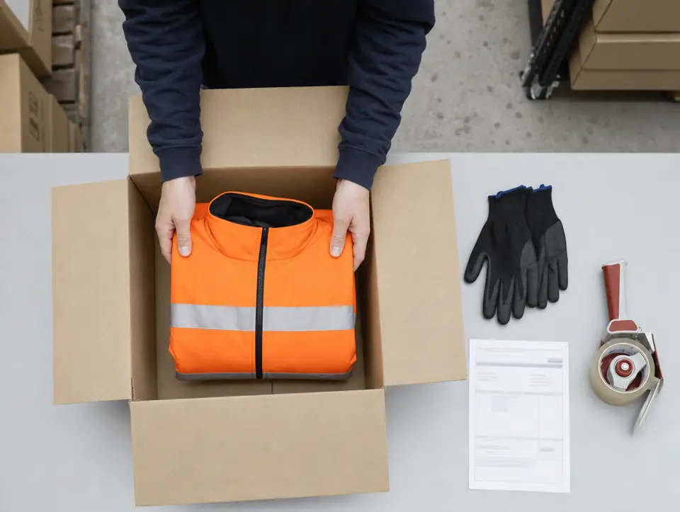 Werkjas wordt in een verzenddoos gelegd